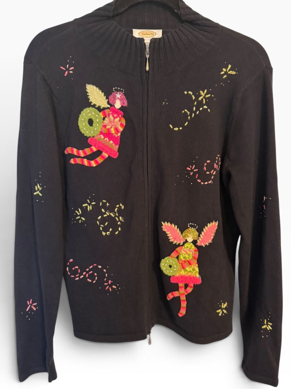 Vintage Talbots Angel Cardigan Medium Embroidered Fairy Whimsical Christmas 90s
